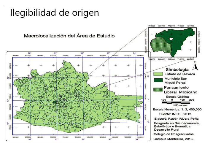 Ubicaci&oacute;n geogr&aacute;fica del municipio de San Miguel Peras, Oaxaca. Elaborado a partir de los datos de INEGI (2012).