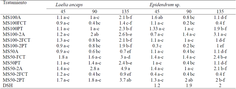 Efecto de los tratamientos en el número de raíces de Laelia anceps Lindl. y Epidendrum sp. después de 45, 90 y 135 días de cultivo.