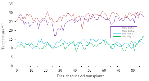 Temperaturas m&aacute;ximas y m&iacute;nimas a lo largo del cultivo para el experimento 1 (2011-2012) y experimento 2 (2012-2013).