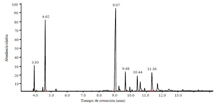 Cromatograma que muestra los picos de: β-mirceno (tiempo de retención, Rt, 3.93) β-ocimeno (Rt, 4.62), acetato de geranilo (Rt, 9.07), carifileno (Rt, 9.68), β-cubebeno (Rt, 10.44) y nerolidol (Rt, 11.36).