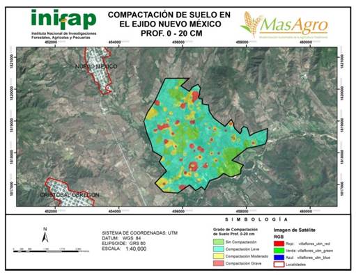 Distribuci&oacute;n de la compactaci&oacute;n del suelo a la profundidad 0-20 cm.