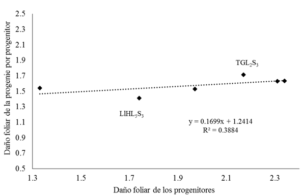 Relaci&oacute;n entre da&ntilde;o foliar de S. frugiperda de los progenitores y su progenie.