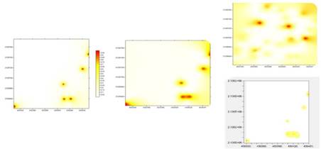 Mapa de densidad de C. gigantea del ma&iacute;z en el municipio de Ocoyoacac obtenidos ciclo 2013-2014. Izquierda, mapas obtenidos mediante simulaci&oacute;n para 2014 bajo simulaci&oacute;n condicionada superior derecha y no condicionada parte inferior derecha.