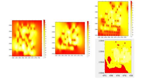 Mapa de densidad de Claviceps gigantea del ma&iacute;z en el municipio de Calimaya obtenidos ciclo 2014-2015. Izquierda, mapas obtenidos mediante simulaci&oacute;n para 2015 bajo simulaci&oacute;n condicionada superior derecha y no condicionada parte inferior derecha.