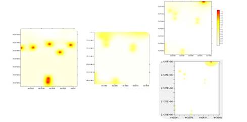 Mapa de densidad de C. gigantea del ma&iacute;z en el municipio de Metepec obtenidos ciclo 2014-2015. Izquierda, mapas obtenidos mediante simulaci&oacute;n para 2015 bajo simulaci&oacute;n condicionada superior derecha y no condicionada parte inferior derecha.