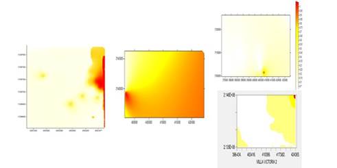 Mapa de densidad de C. gigantea del ma&iacute;z en el municipio de Villa Victoria obtenidos ciclo 2013-2014. Izquierda, mapas obtenidos mediante simulaci&oacute;n para 2014 bajo simulaci&oacute;n condicionada superior derecha y no condicionada parte inferior derecha.