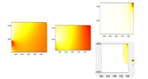 Mapa de densidad de C. gigantea del ma&iacute;z en el municipio de Villa Victoria obtenidos ciclo 2014-2015. Izquierda, mapas obtenidos mediante simulaci&oacute;n para 2015 bajo simulaci&oacute;n condicionada superior derecha y no condicionada parte inferior derecha.