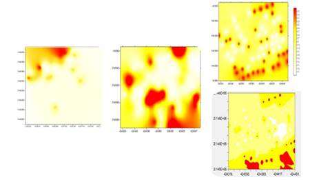 Mapa de densidad de C. gigantea del ma&iacute;z en el municipio de Almoloya de Ju&aacute;rez obtenidos ciclo 2013-2014. Izquierda, mapas obtenidos mediante simulaci&oacute;n para 2014 bajo simulaci&oacute;n condicionada superior derecha y no condicionada parte inferior derecha.