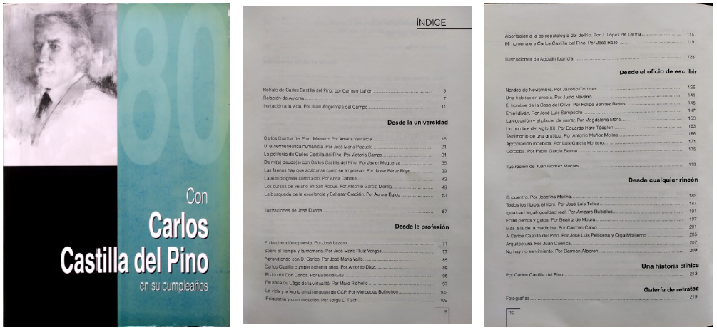 Cubierta e �ndice del libro: Con Carlos Castilla del Pino en su cumplea�os