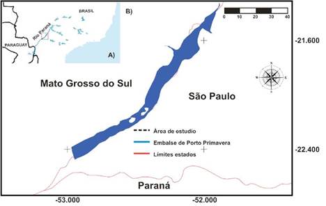 (A) Localización del lago de Porto Primavera, la figura muestra la cuenca hidrica del lugar de estudio. B) el lago resultante después de la última inundación (2003).