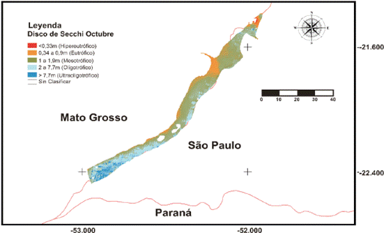 Distribución espacial de la variable DS (estimada en metros) en el lago de Porto Primavera, en la imagen MODIS tomada el 8 de octubre de 2014.