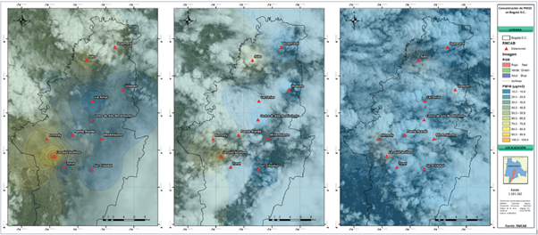 Mapa PM10 en Bogotá (27/09/2013, 31/07/2015, 04/07/2017)