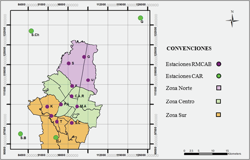 Ubicación espacial de las estaciones de la Red de Monitoreo de Calidad del Aire de Bogotá (RMCAB) y las del SICLICA- Corporación Autónoma Regional de Cundinamarca (CAR)