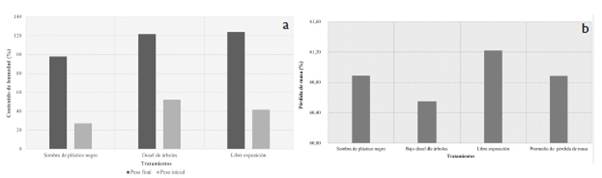 (a) Contenido de humedad de las probetas al inicio y al final del estudio. (b) Pérdida de masa de las probetas en los tres tratamientos (%). 