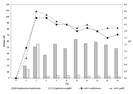 Crecimiento de C. neoformans y C. gattii y cambios de pH en el extracto de heces de palomas positivos sin solución amortiguadora.