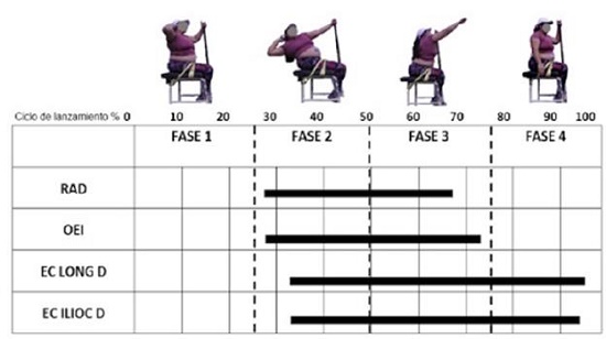 Fases del lanzamiento de bala paral&iacute;mpico en silla. RAD: m&uacute;sculo recto abdominal derecho, OEI: m&uacute;sculo oblicuo externo izquierdo, ES LONG D: Erector de la espina longu&iacute;simo derecho ES ILIOC D: Erector de la espina iliocostal derecho. 