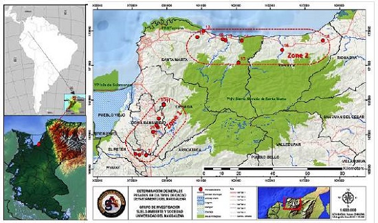 Locat10n of the agricultural plots and sampling zones where Cd content in the cocoa tissues and soils cultivated with cocoa was identified.