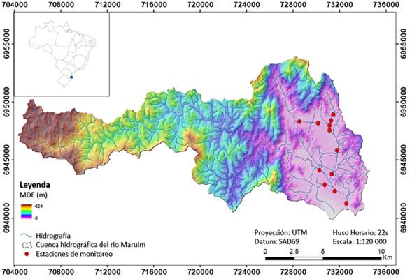 Cuenca hidrogr&aacute;fica del r&iacute;o Maruim, Santa Catarina - Brasil, red hidrogr&aacute;fica, topograf&iacute;a y localizaci&oacute;n de la estaciones de monitoreo.