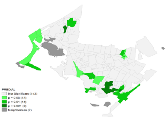 Mapa de significancia espacial del pago promedio del impuesto predial en el periodo 2010-2019