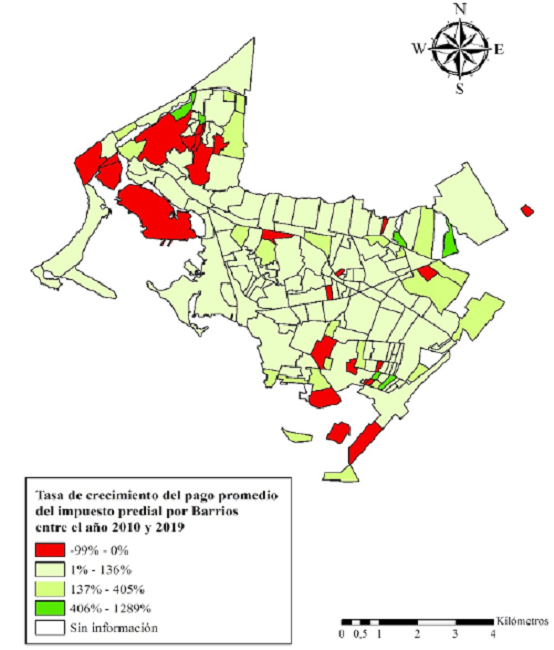 Mapa de variaci&oacute;n porcentual del recaudo promedio por barrios entre el ano 2010 y 2019 