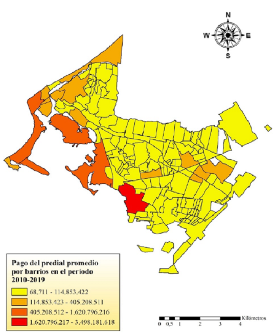 Mapa recaudo promedio por barrios en la ciudad de Cartagena en el periodo 2010-2019