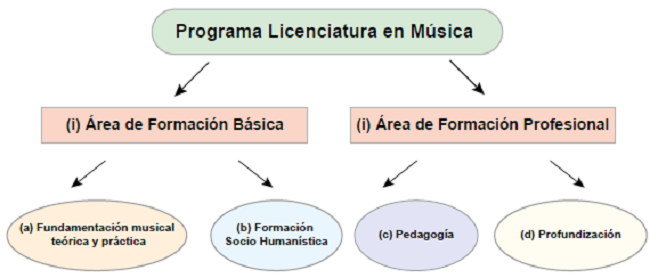 &Aacute;reas y sub &aacute;reas del programa Licenciatura en M&uacute;sica