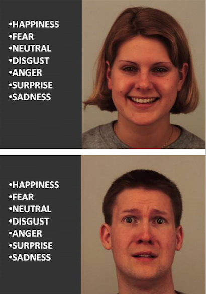 Exemplos de expressões faciais de felicidade e medo usadas no teste de reconhecimento de emoção facial (8 exemplos x 7 emoções = 56 imagens por teste)