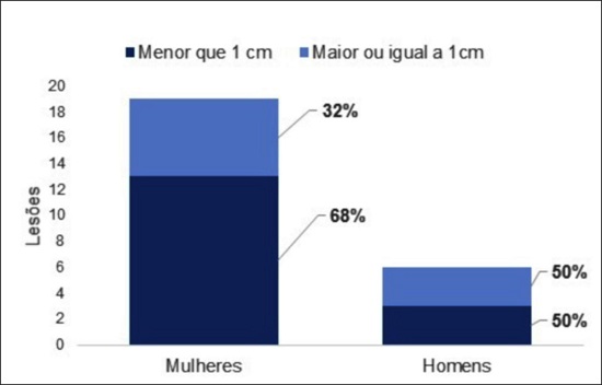 Distribuição das lesões por tamanho e sexo