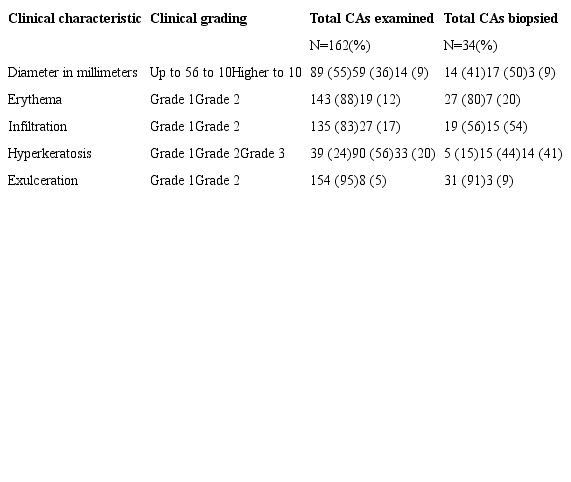 Frequency of each clinical characteristic of actinic keratoses examined and biopsied