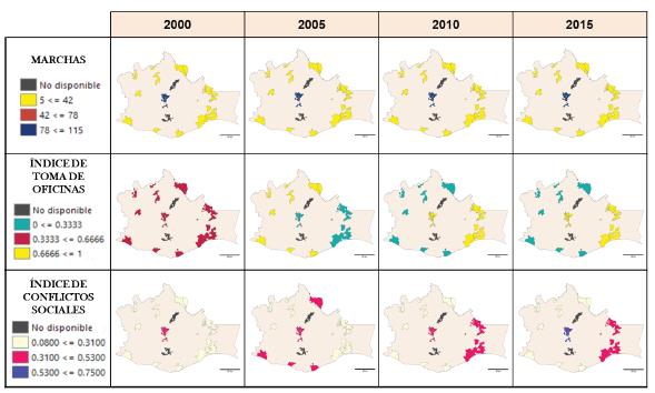 Mapas del comportamiento de los conflictos sociales de las ciudades de Oaxaca