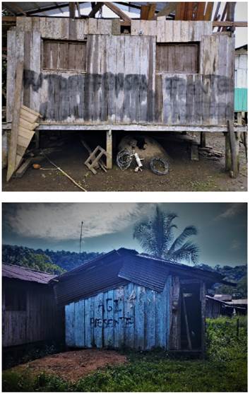 Grafittis de grupo armado en Mecana y El Huína. Mecana, 30/07/2022, 14h51m. y El Huína, 7/8/2022, 15h11m.: El citado grupo armado ilegal regionaliza el territorio, con una para la región del Pacífico