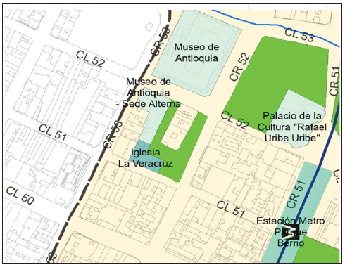 Mapa del Centro de Medellín y el sector de La Veracruz, espacio de la investigación