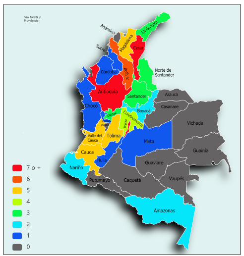 Mapa de calor sobre la cantidad y localizaci�n de las investigaciones y casos de estudio a escala departamental