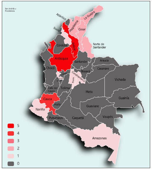 Mapa de calor sobre la cantidad y localizaci�n de las investigaciones relacionadas con conflicto armado y construcci�n de paz