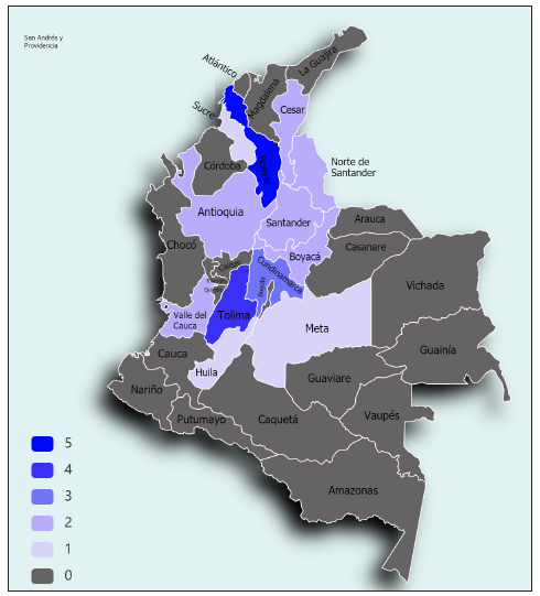 Mapa de calor sobre la cantidad y localizaci�n de las investigaciones relacionadas con comunidades campesinas y ruralidad