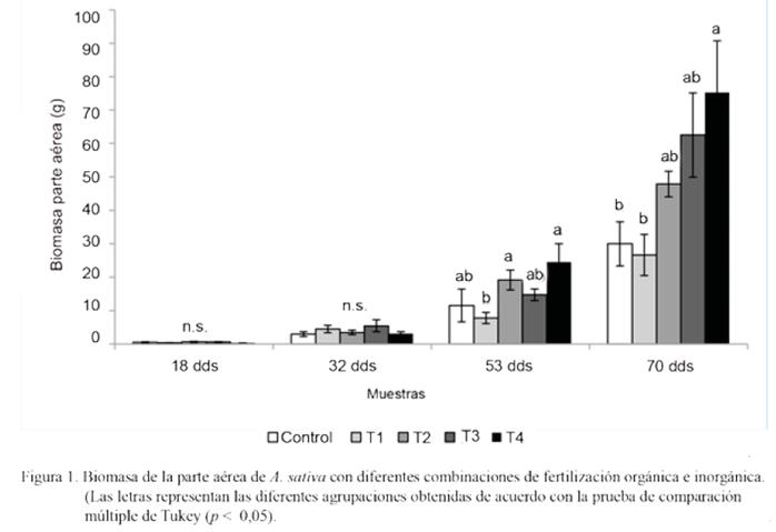 Figura 1. Biomasa de la parte aérea de A.Sativa con diferentes combinaciones de fertilización orgánica e
inorgánica. 