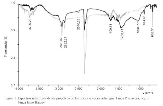 Figura
1. Espectos infrarrojos de los propóleos de las fincas seleccionadas: gris:
Finca Primavera, Negro: finca Indio Hatuey
