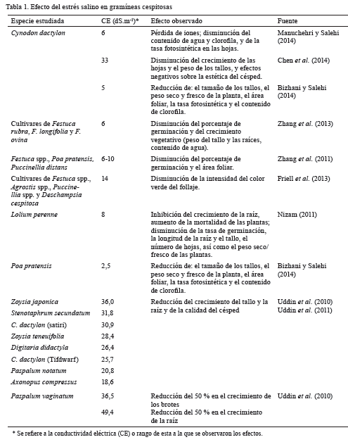 Tabla 1. Efecto del estrés salino en gramíneas cespitosas