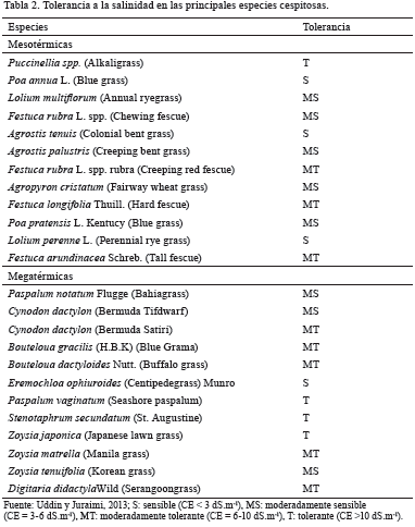Tabla 2. Tolerancia a la salinidad en las principales
especies cespitosas.