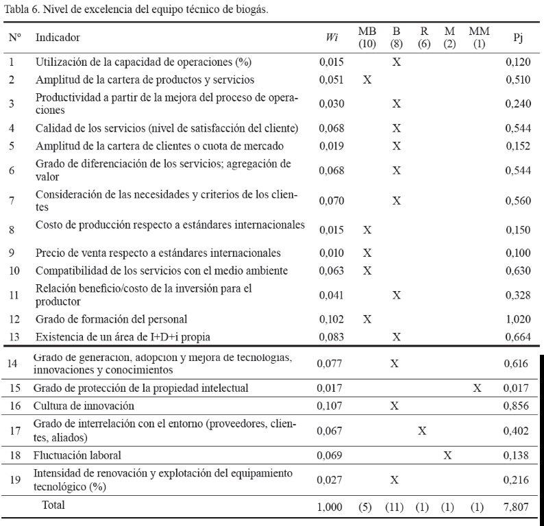 Tabla
6. Nivel de excelencia del equipo técnico de biogás.