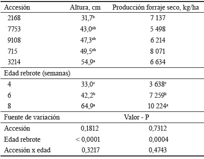 Tabla 6. Altura (cm) y producción de forraje (kg de MS/ha) en
accesiones de C. ensiformis. 