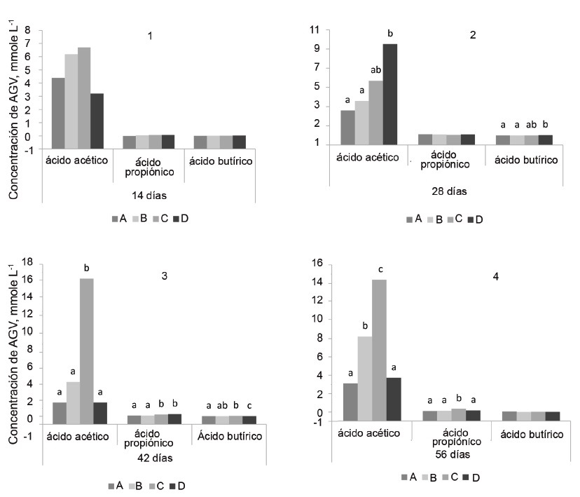 Figura 1. Dinámica de producción de ácido acético, propiónico y butírico (mmole L-1) en ensilajes de planta entera de sorgo y pulpa de cítrico.