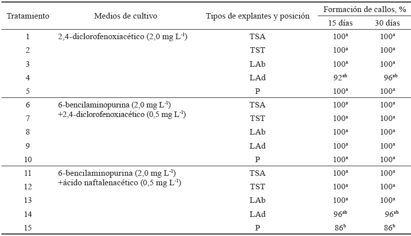 Tabla 2. Efecto de diferentes medios de cultivo y tipos de explantes en la formación de callos de morera, a los 15 y 30 días de cultivo.