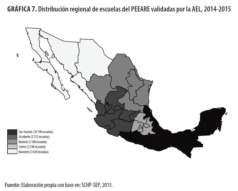 Distribuci&oacute;n regional
de escuelas del PEEARE validadas por la AEL, 2014-2015