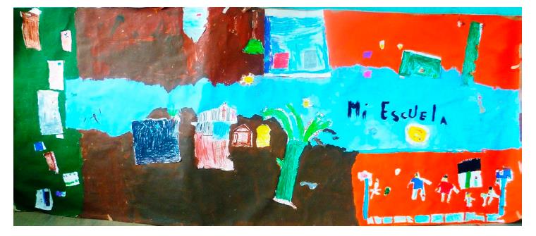 Mural colectivo representando la escuela rural de Malinaltepec, Guerrero