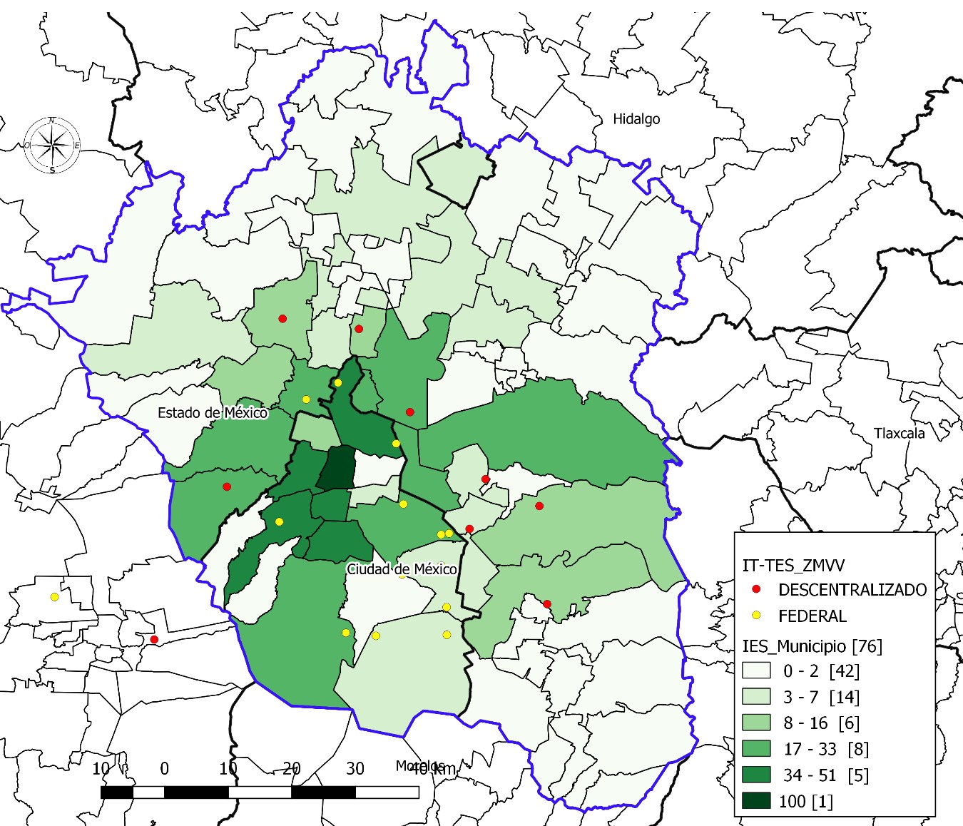 Localizaci&oacute;n de Tecnol&oacute;gicos descentralizados y federales en la Zona Metropolitana del Valle de M&eacute;xico en relaci&oacute;n con la oferta de ES.