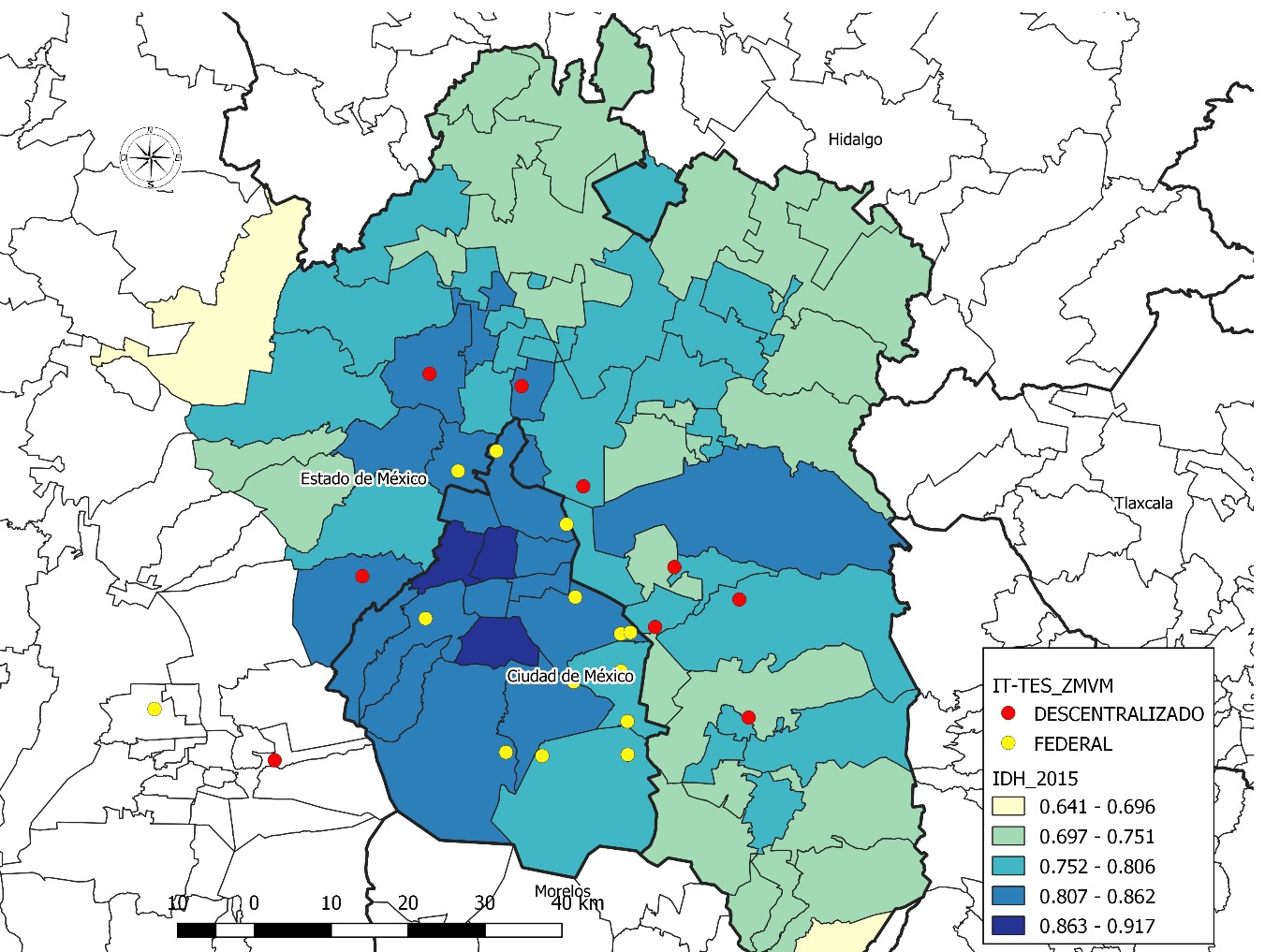 Ubicaci&oacute;n de los IT y de TES en la Zona Metropolitana del Valle de M&eacute;xico en relaci&oacute;n con el &Iacute;ndice de Desarrollo Humano.
