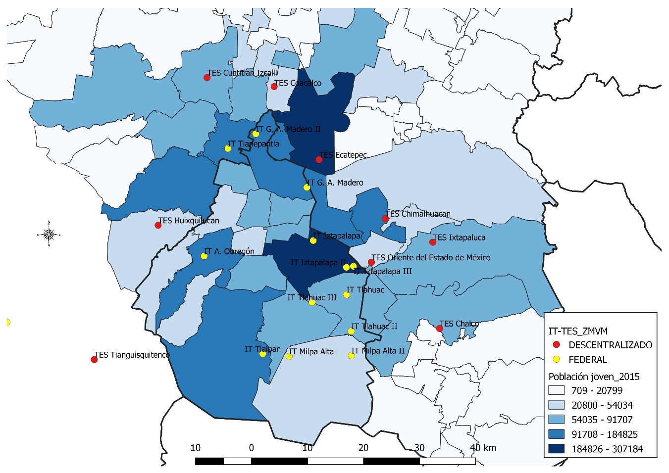 Distribuci&oacute;n de las sedes del TecNM en municipios y alcald&iacute;as de la ZMVM, en relaci&oacute;n con la poblaci&oacute;n joven. 