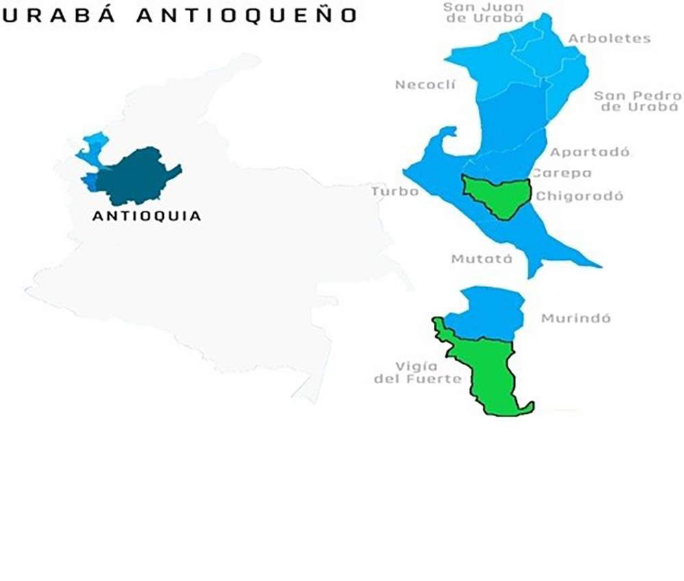 Ubicaci�n de los dos territorios de investigaci�n en el Urab� antioque�o dentro del departamento de Antioquia, Colombia