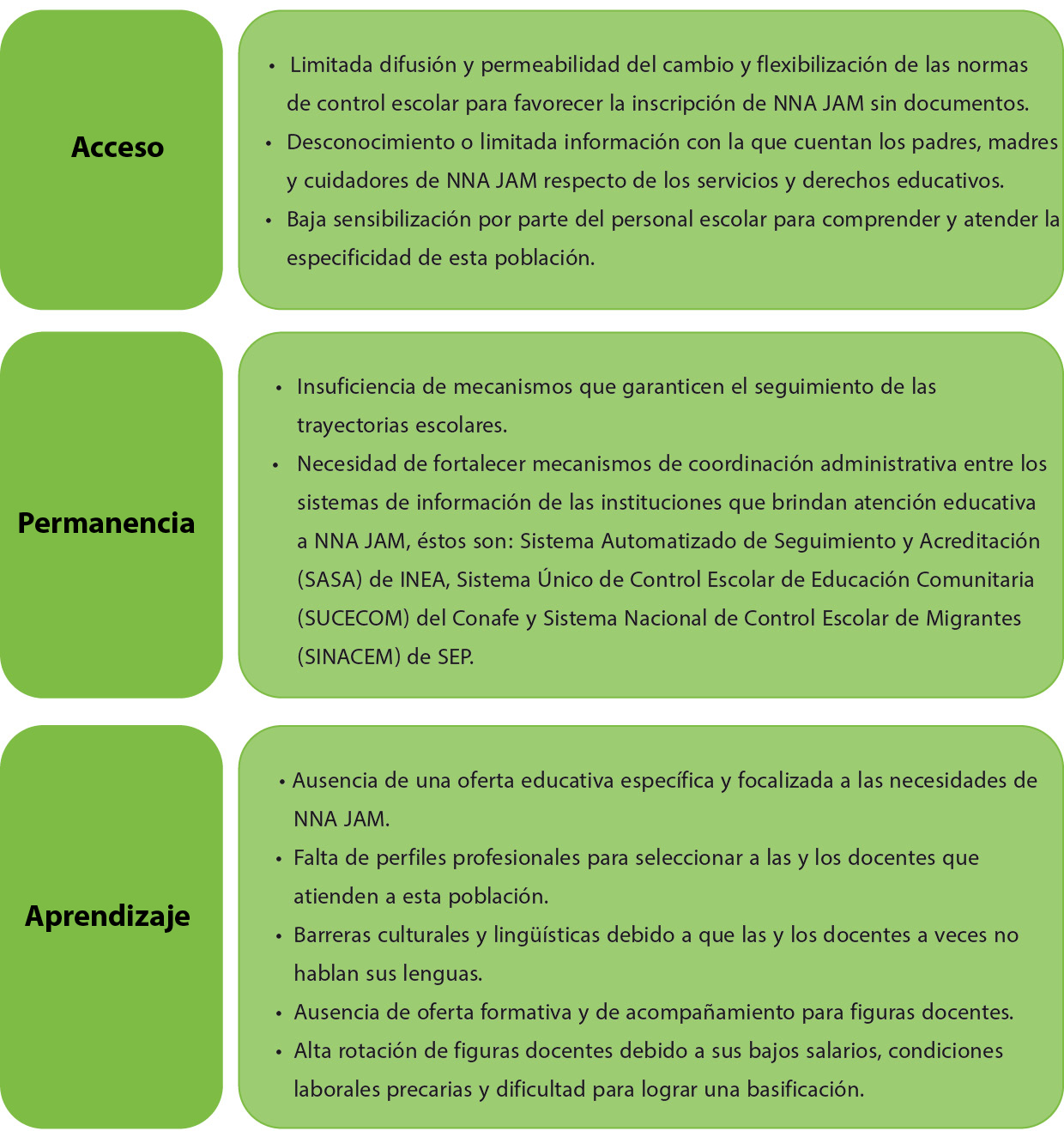 Problem�ticas para el acceso, la permanencia y tr�nsito entre grados y niveles, y para el aprendizaje de NNA JAM